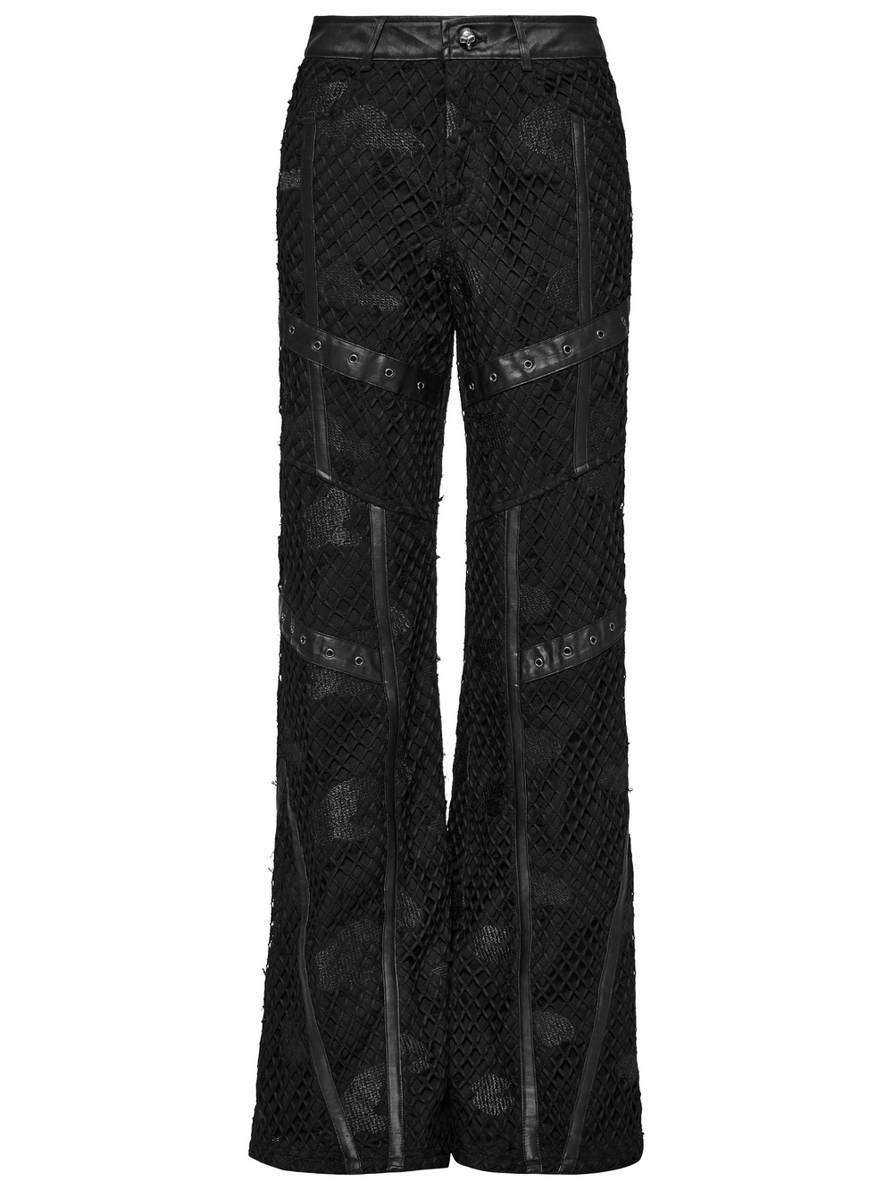 Edgy mesh twill denim straight pants with rubberized leather accents and intricate embroidery details.