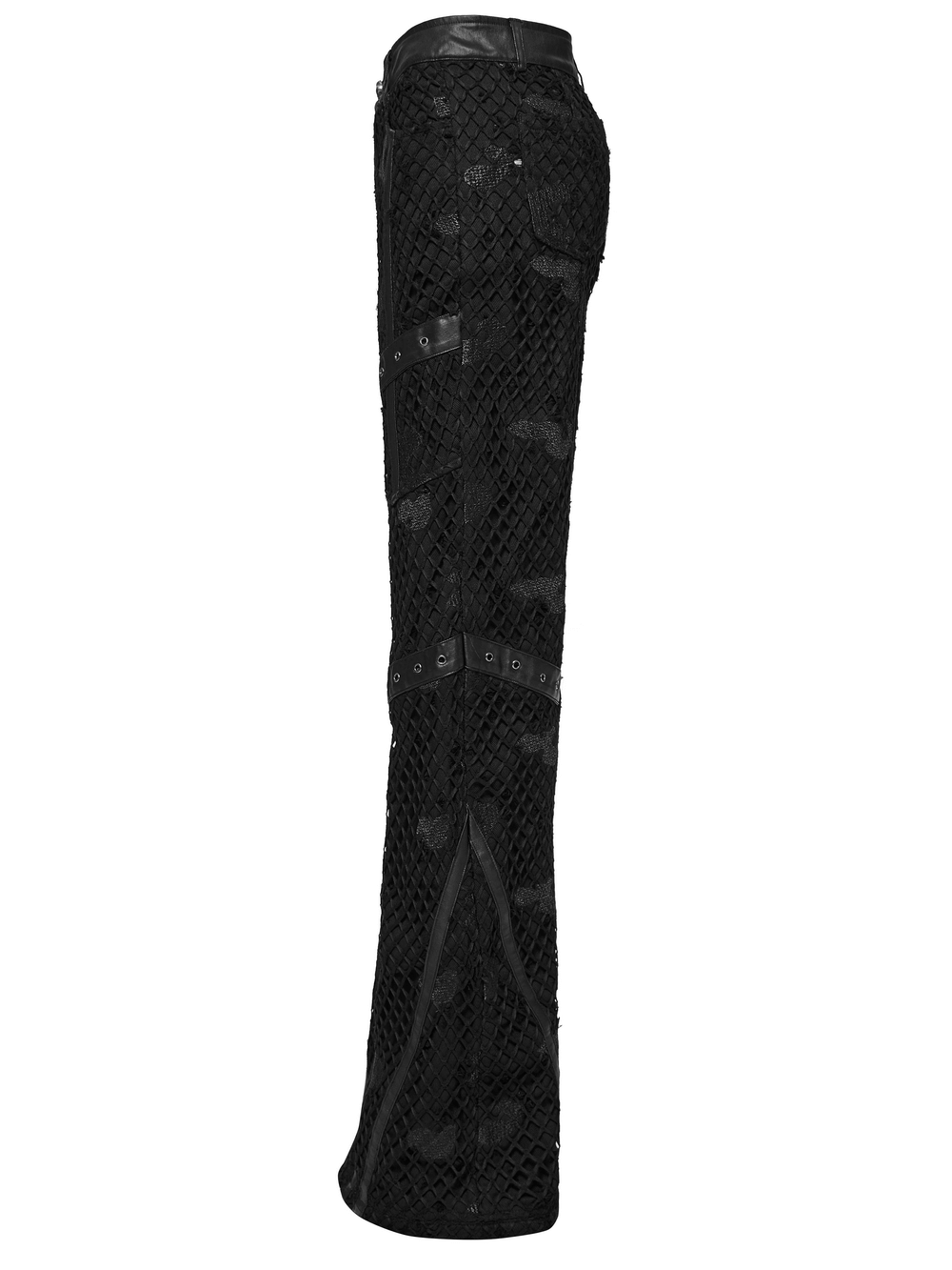 Stylish black mesh twill straight-leg pants featuring rubberized leather accents and unique embroidered detailing.