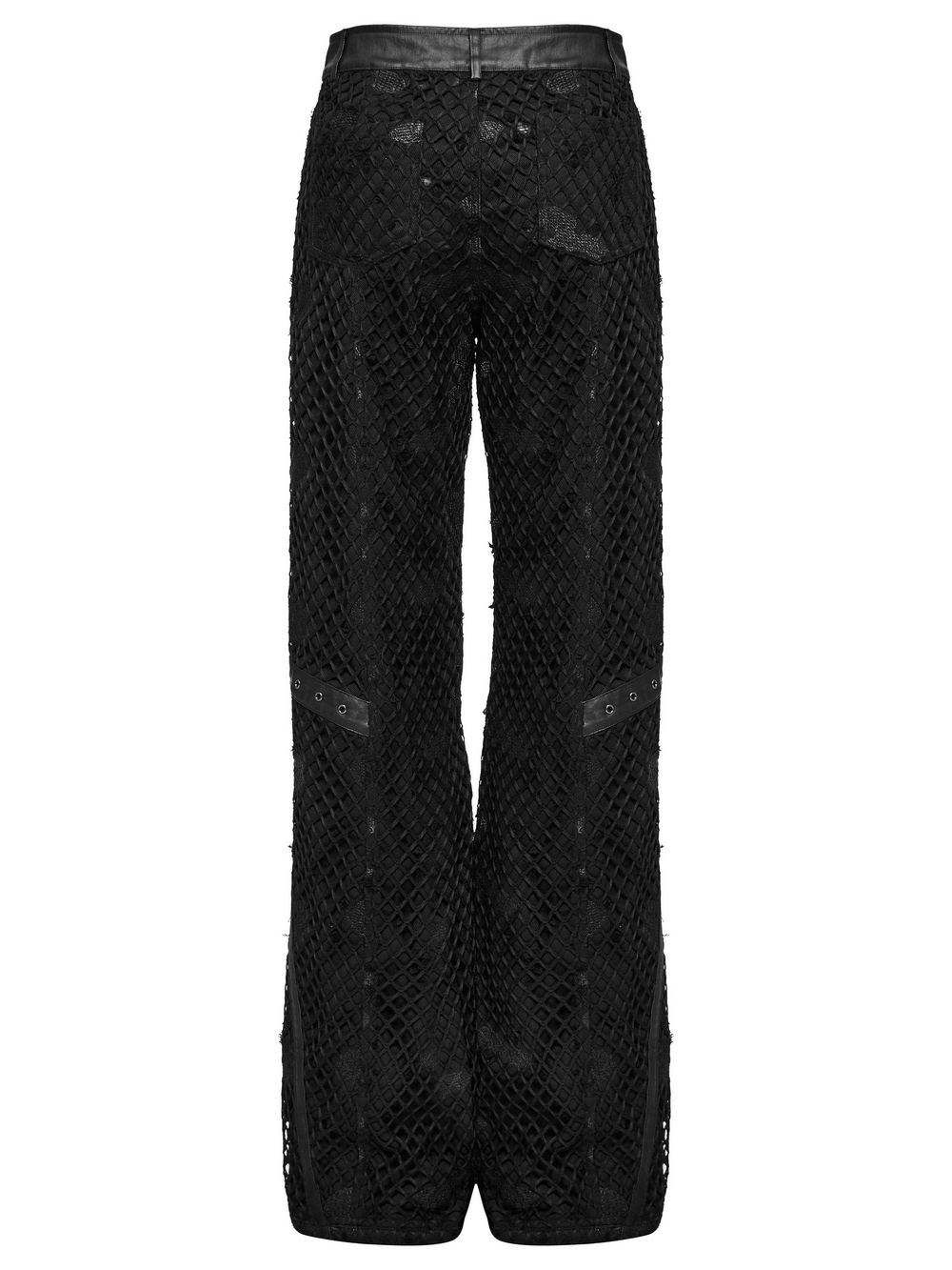 Back view of mesh twill denim straight pants with leather accents, showcasing edgy design and intricate detailing.