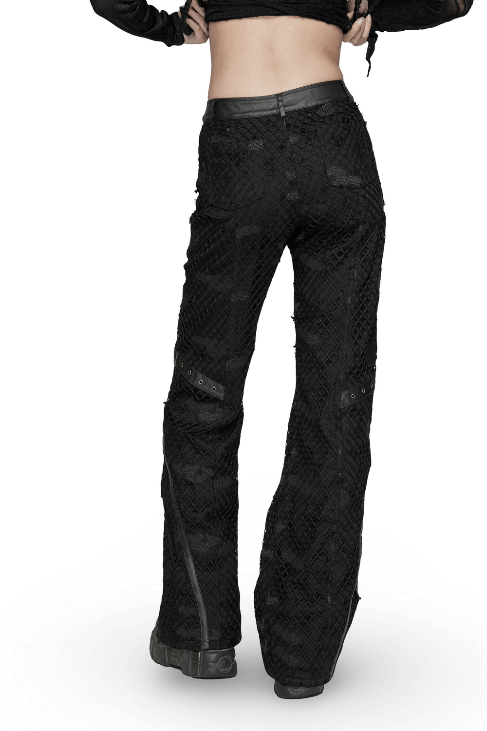Back view of trendy mesh twill straight-leg pants with rubberized leather accents, showcasing edgy fashion details.