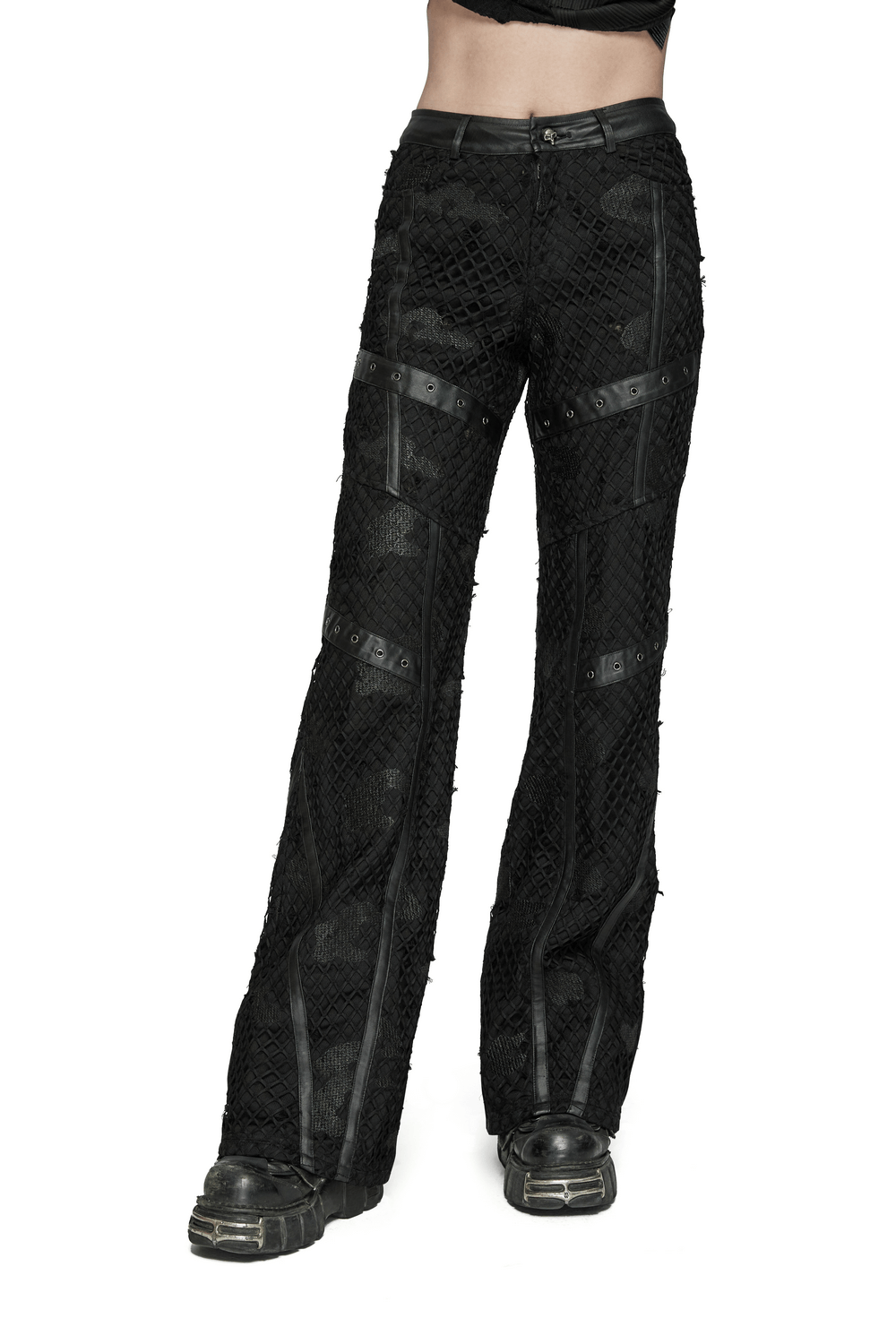 Edgy mesh twill denim straight pants with rubberized leather accents and intricate embroidery for a bold look.