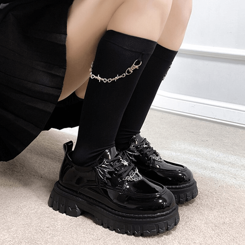 Metal Chain Bat Wings Chunky Platform Shoes / Round Toes Patent Leather Gothic Shoes - HARD'N'HEAVY