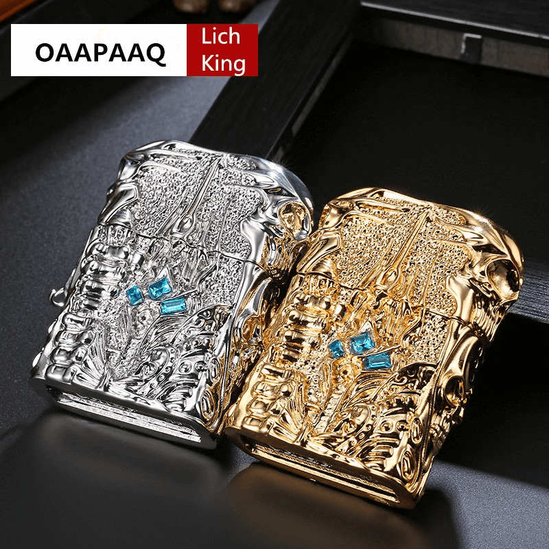 Metal lighters with intricate designs, featuring silver and gold finishes, inspired by World of Warcraft.
