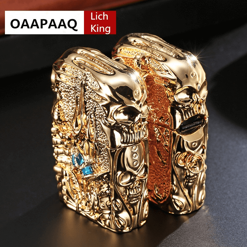 Gold metal lighter featuring detailed World of Warcraft Lich King design, a stylish and collectible accessory.