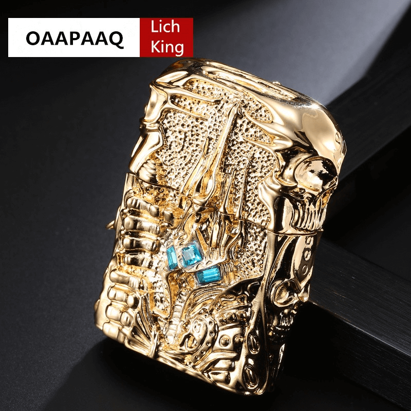 Gold metal lighter with Lich King design, featuring intricate patterns and blue accents for a stylish accessory.