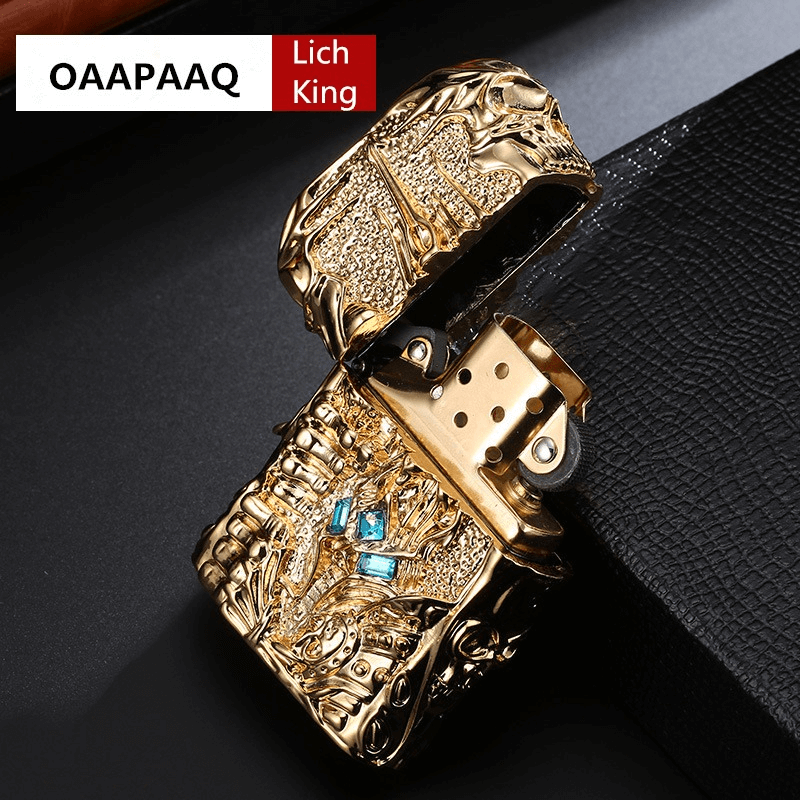 Metal lighter with intricate gold design and blue accents, inspired by World of Warcraft, perfect for rock style lovers.