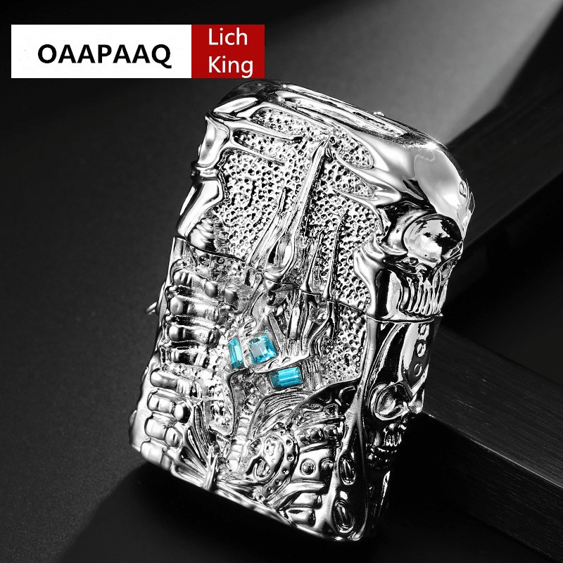 Metal lighter featuring intricate Lich King design, shiny skull patterns, and blue accents for a stylish rock vibe.