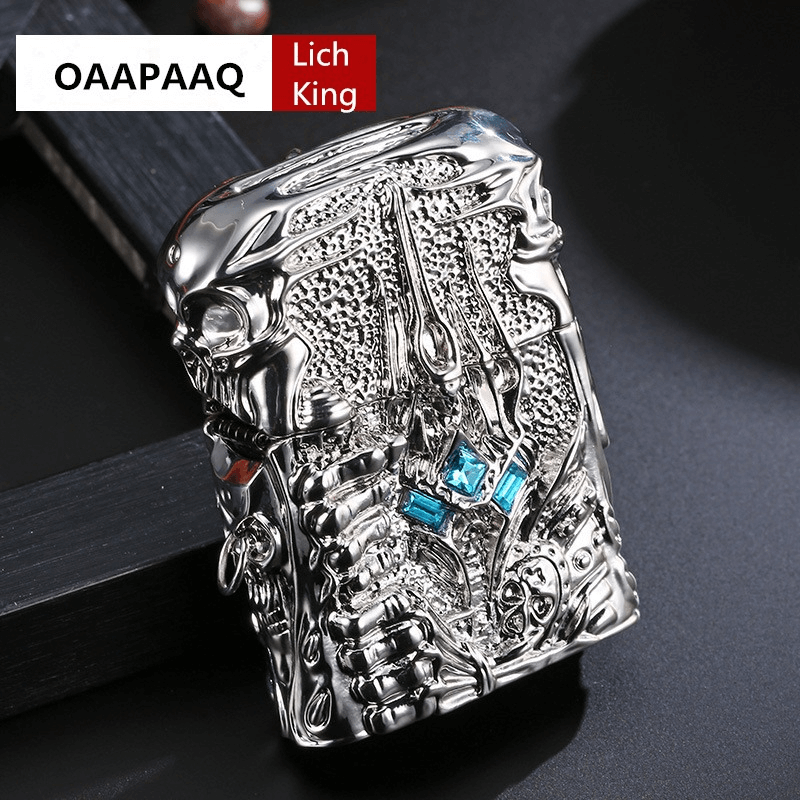 Metal lighter featuring Lich King design with intricate details and blue accents, perfect rock style accessory.