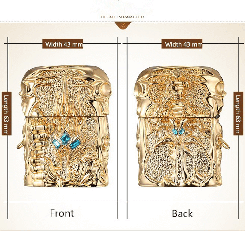 Front and back view of a gold metal lighter with intricate design, 43mm width and 63mm length.