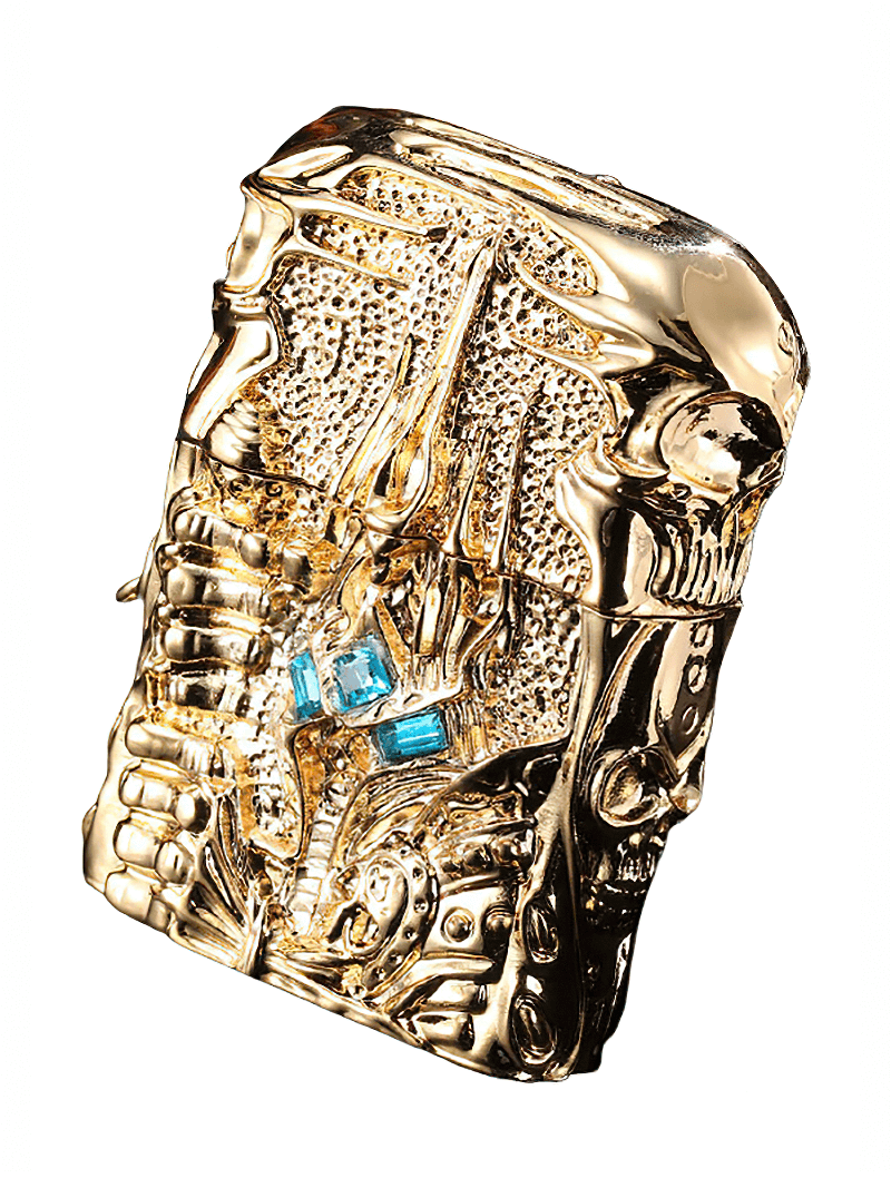 Stylish gold metal lighter with intricate designs and blue accents, perfect for World of Warcraft fans and rock style lovers.