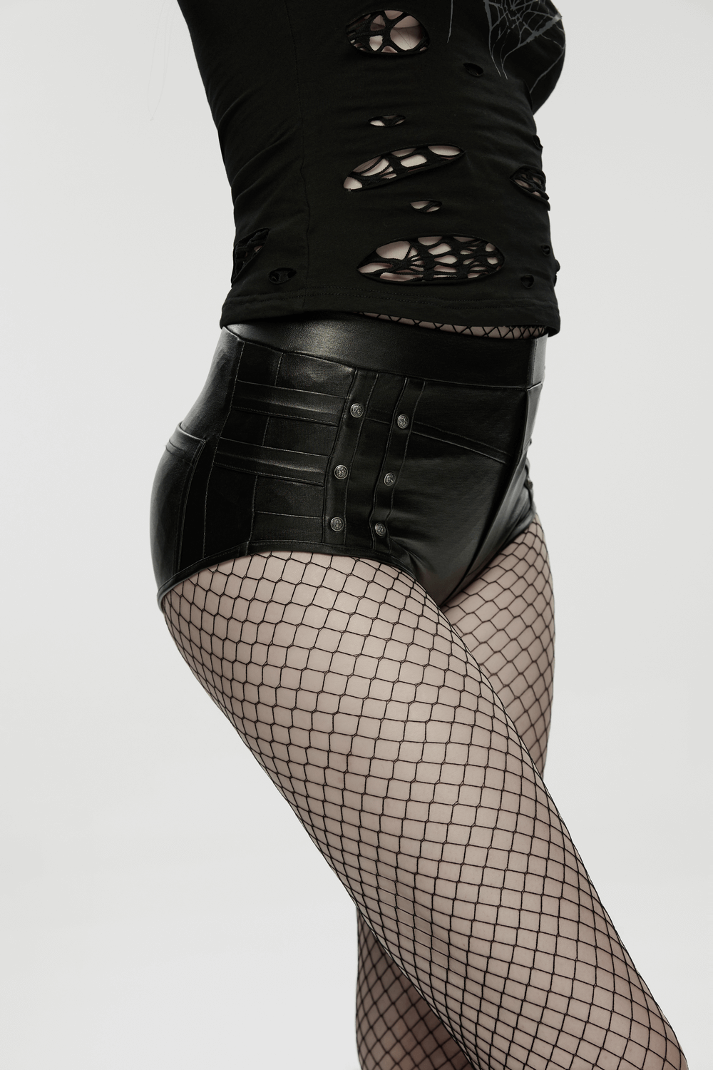 Metal Punk Hot Pants with Side Buttons and Stretch Fit showcasing a curve-hugging design and edgy style.