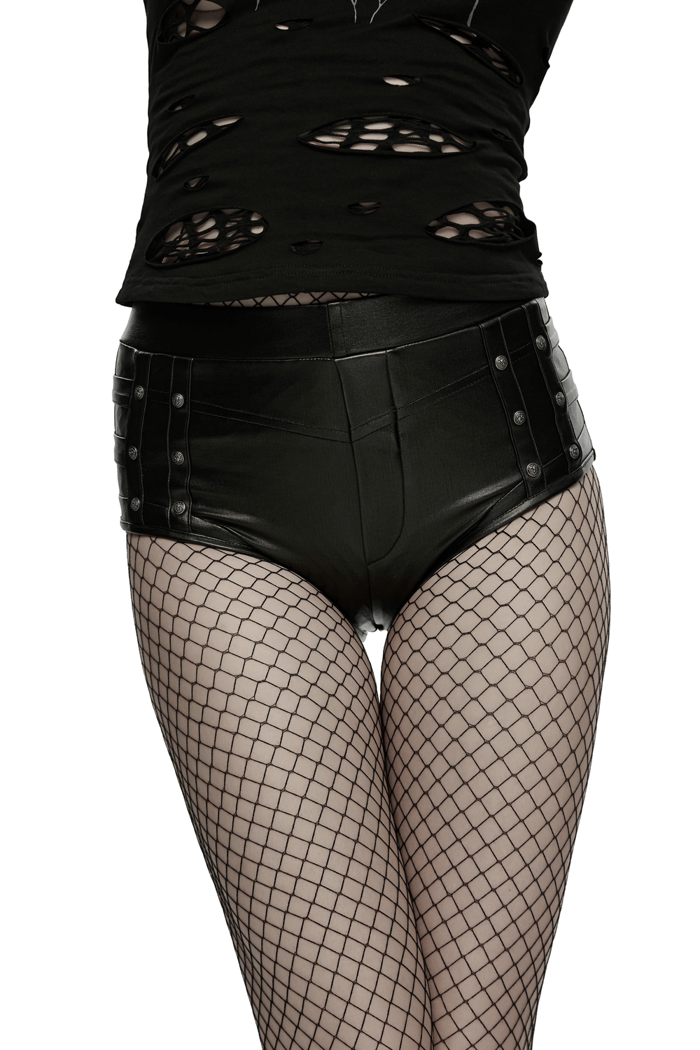 Metal Punk Hot Pants with Side Buttons and Stretch Fit, showcasing an edgy, fitted style with fishnet stockings.