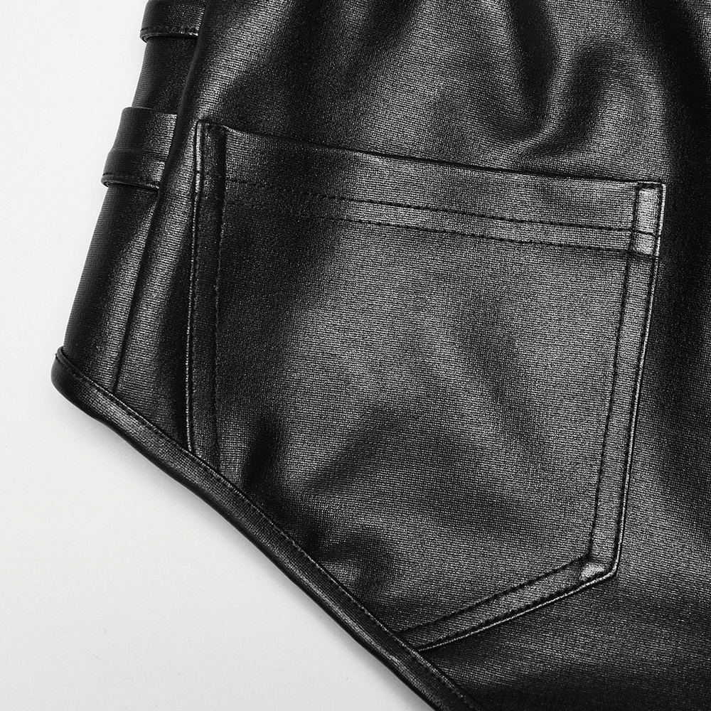 Close-up of the pocket detail on Metal Punk Hot Pants with Side Buttons and Stretch Fit, showcasing the sleek fabric.