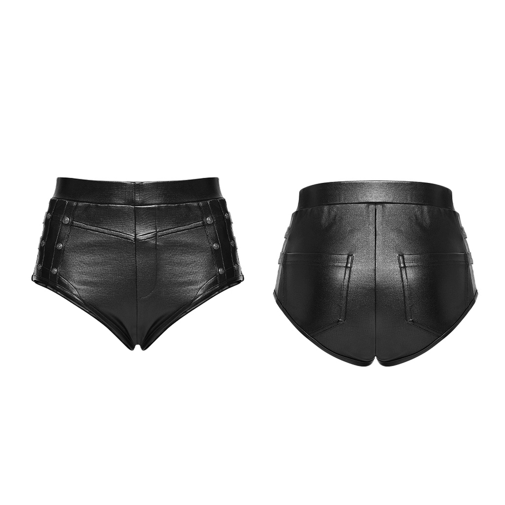 Metal Punk Hot Pants with Side Buttons and Stretch Fit showcasing edgy design and curve-hugging style.