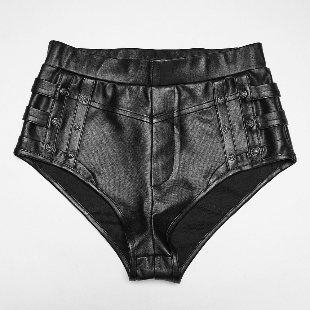 Metal Punk Hot Pants with Side Buttons and Stretch Fit showcasing edgy metal detailing and a curve-fitting design.