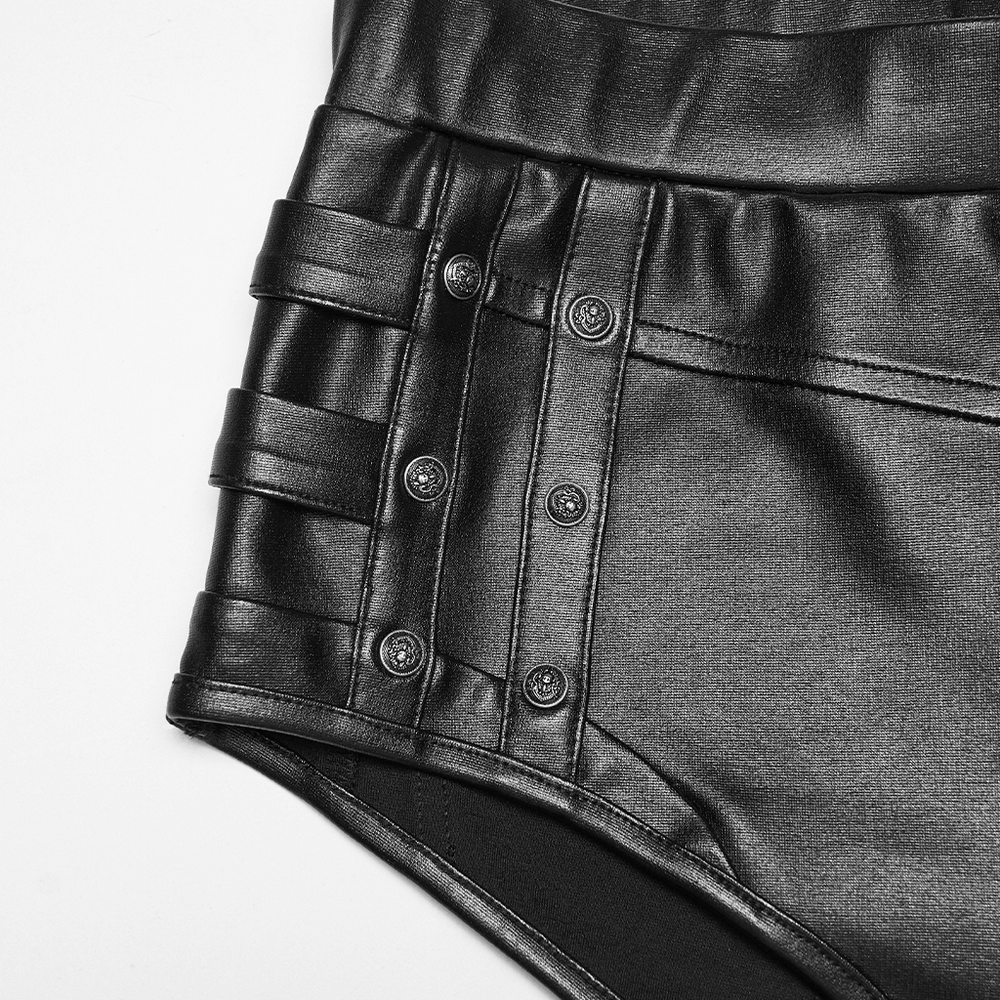 Close-up of Metal Punk Hot Pants with Side Buttons and Stretch Fit showcasing the sleek metal detailing.