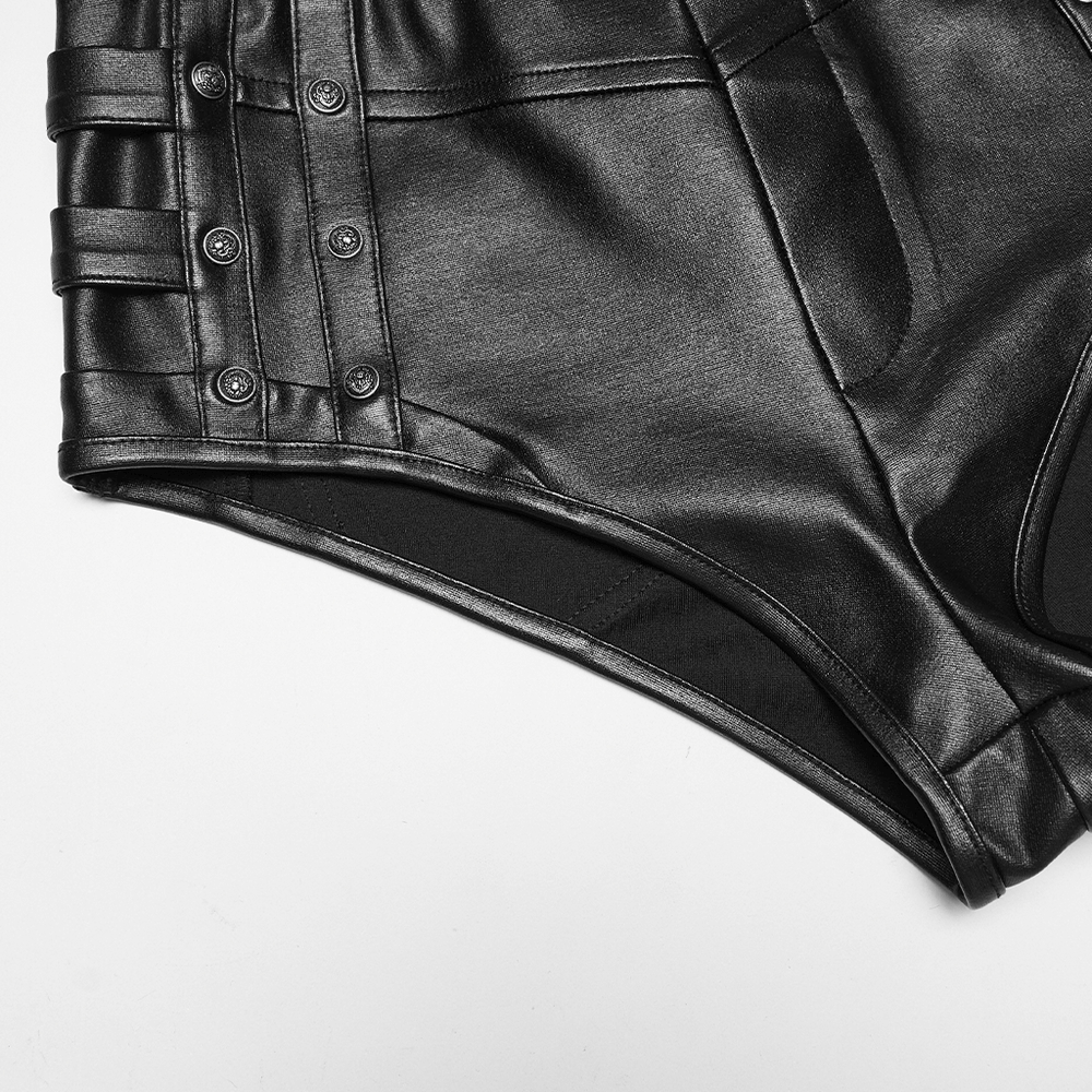 Metal Punk Hot Pants with Side Buttons and Stretch Fit showcasing sleek black fabric and edgy button details.