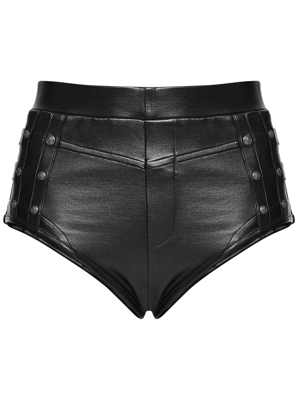 Metal Punk Hot Pants with Side Buttons and Stretch Fit featuring metal detailing and a curve-fitting design.