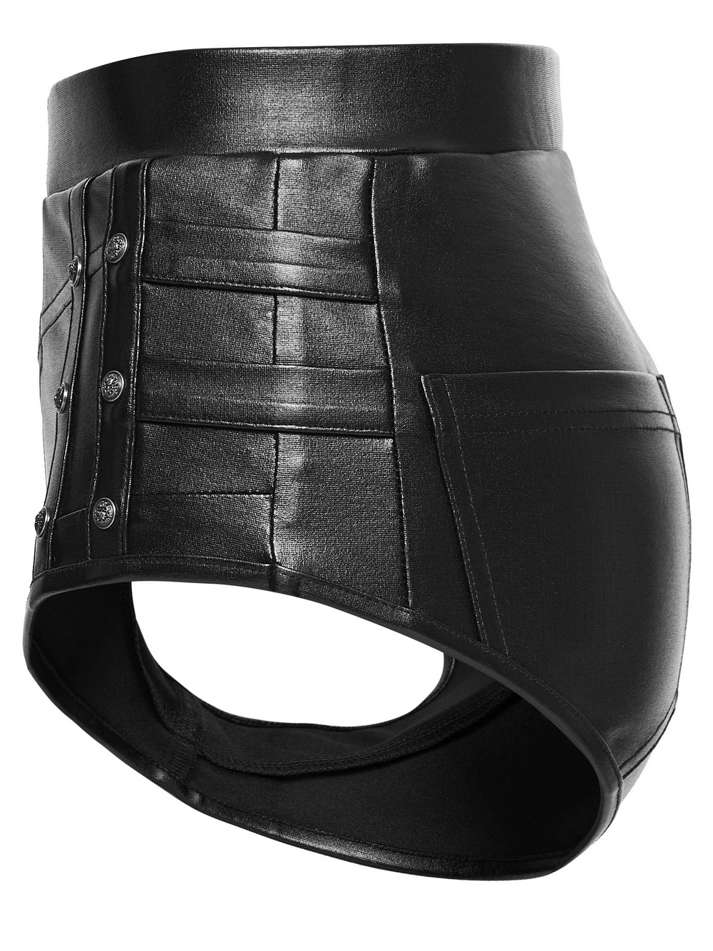 Metal Punk Hot Pants with Side Buttons and Stretch Fit showcasing a curve-hugging design and sleek black finish.