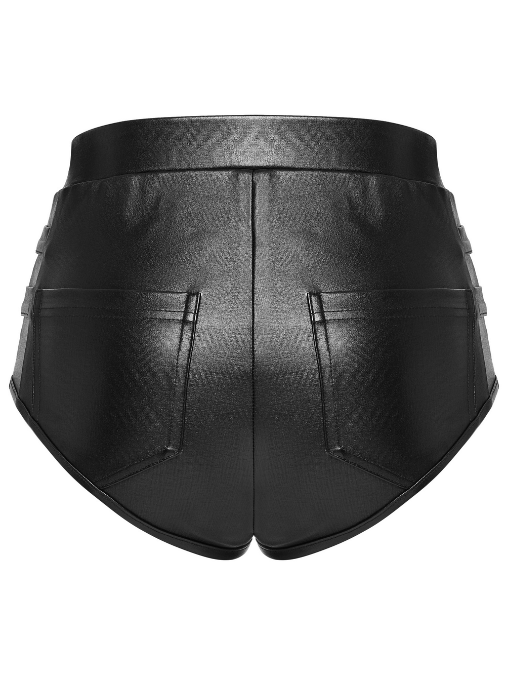 Metal Punk Hot Pants with Side Buttons and Stretch Fit showcasing a sleek black back view with stylish detailing.