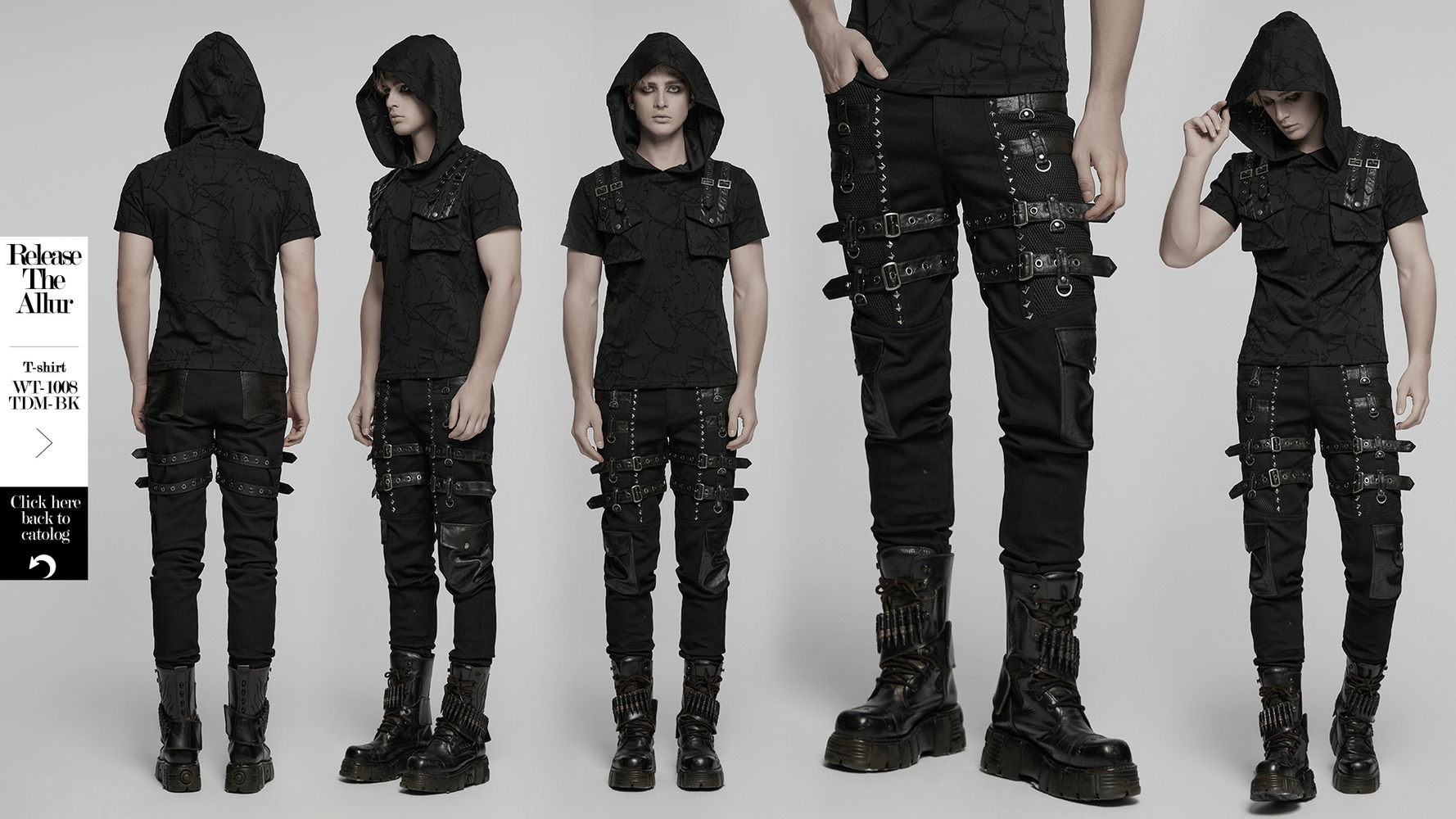 Metal punk stretch pants with studded straps, buckles, and mesh detail for an edgy fashion statement.