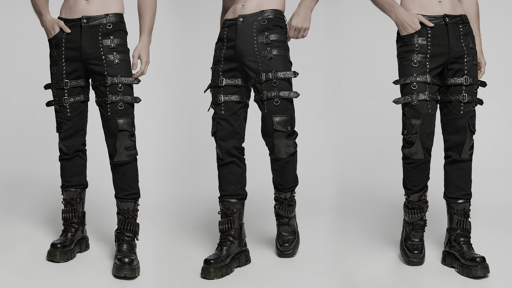 Metal punk stretch pants with studded straps and buckles, featuring edgy mesh detail and a tight fit.
