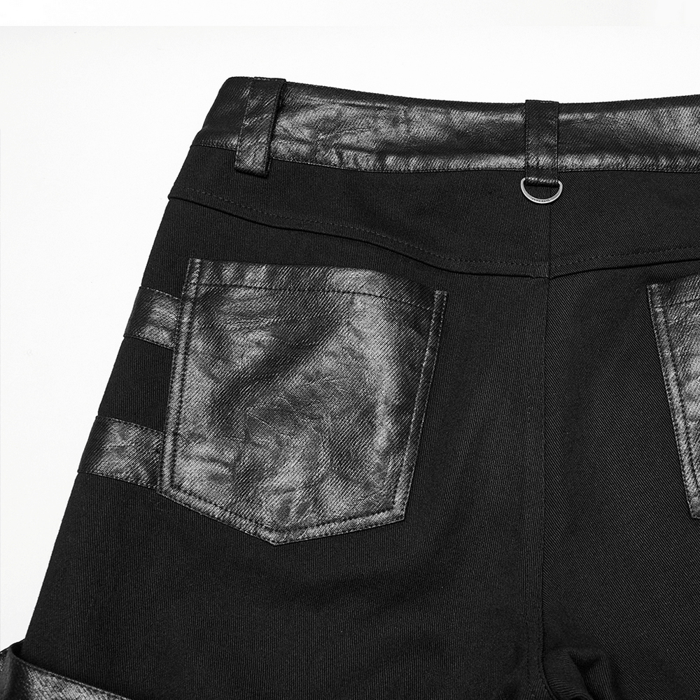 Back view of metal punk stretch pants featuring sleek black fabric and unique pocket designs.
