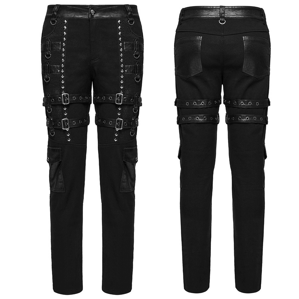 Metal punk stretch pants with studded straps and adjustable buckles for a bold, edgy look.