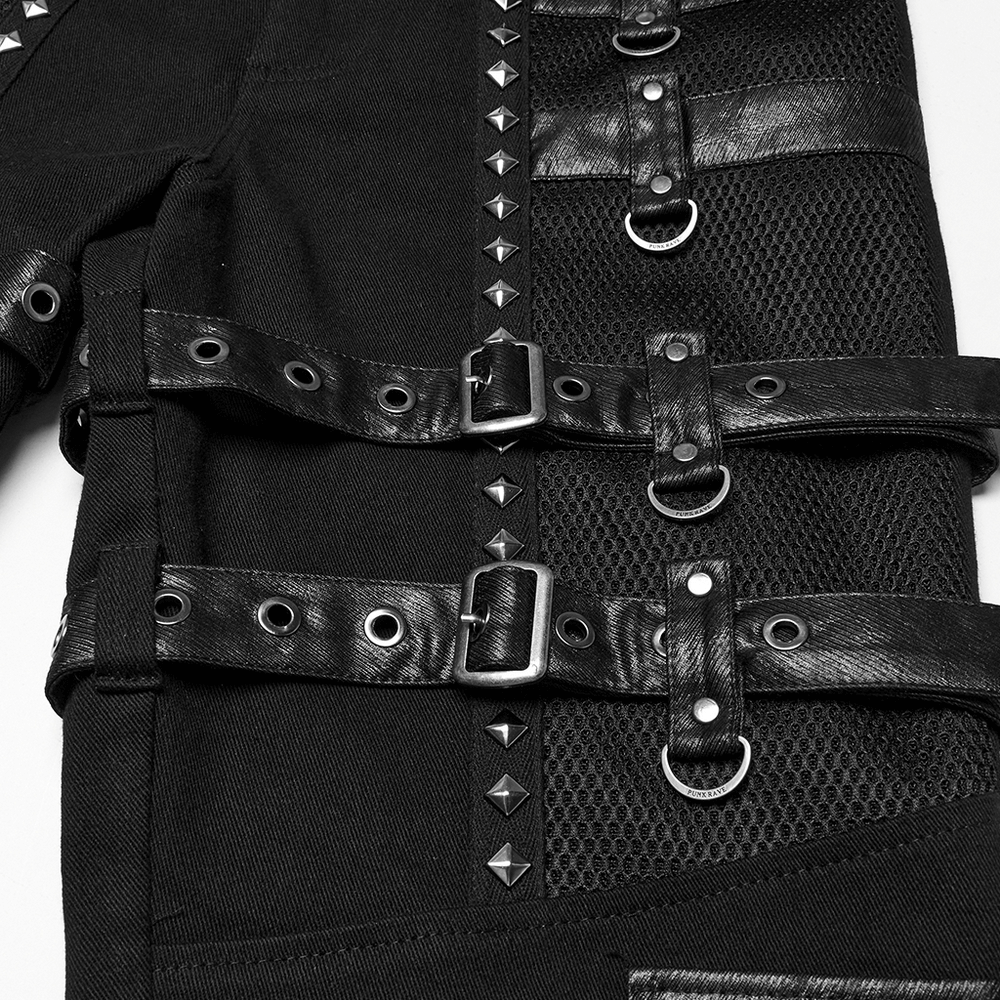 Close-up of metal punk stretch pants featuring studded straps, adjustable buckles, and mesh detail for a bold look.
