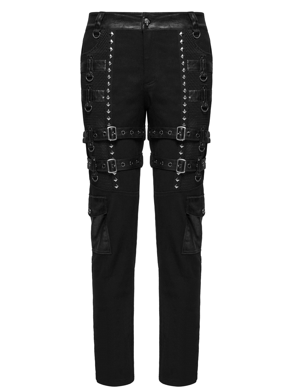 Metal punk stretch pants with studded straps, buckles, and mesh detail for a bold look.