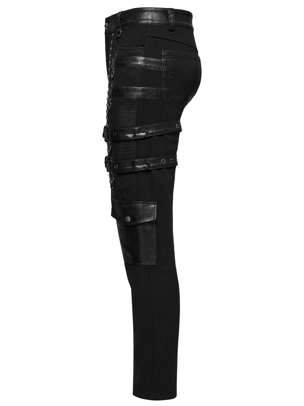 Side view of black metal punk stretch pants with studded straps, buckles, and mesh detail, perfect for edgy fashion.