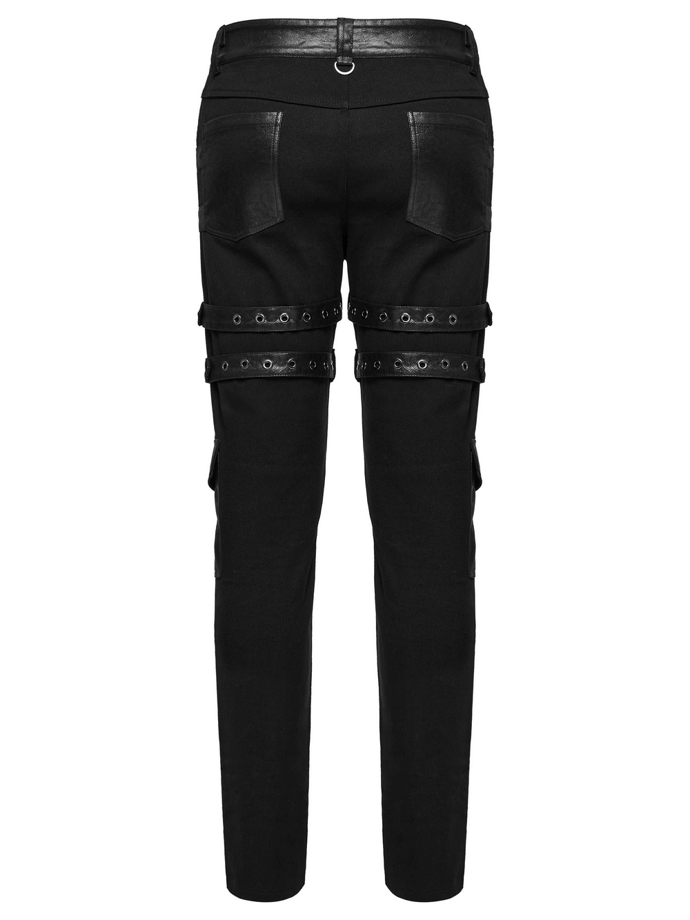 Back view of metal punk stretch pants featuring studded straps and adjustable buckles for a bold style.
