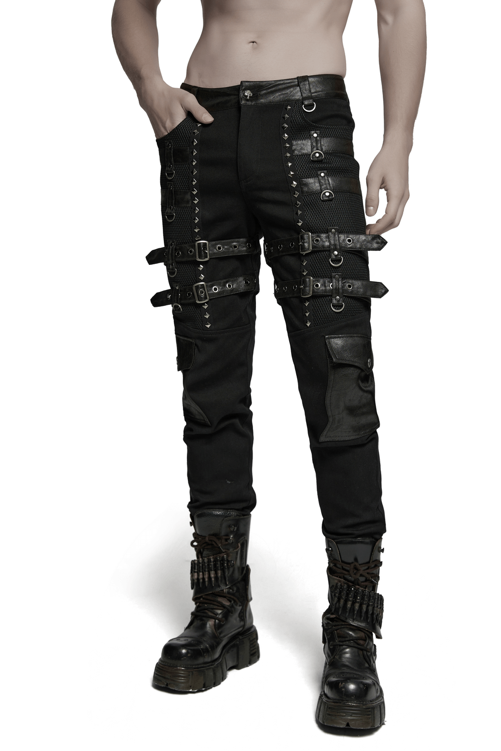 Edgy metal punk stretch pants featuring studded straps and buckles, perfect for bold fashion lovers.