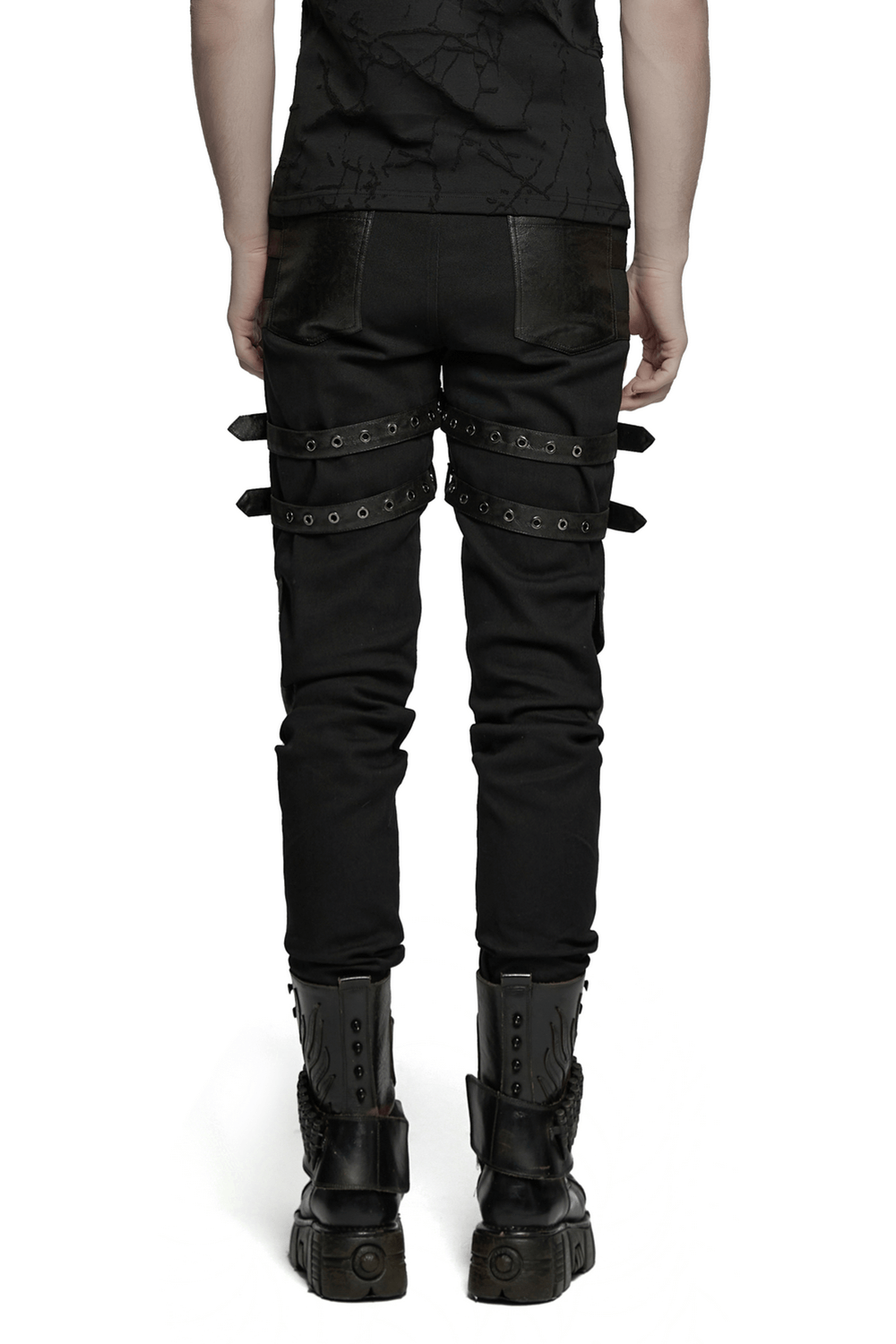 Back view of metal punk stretch pants featuring studded straps and adjustable buckles, perfect for edgy fashion.