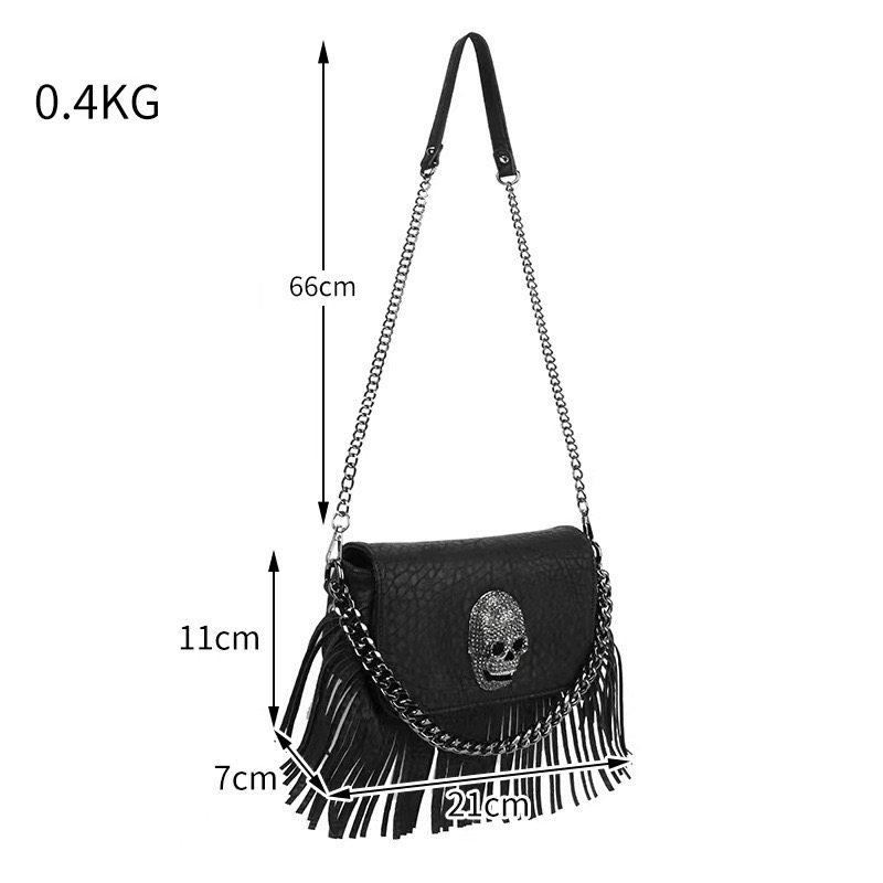 Metal Skull Fringed Shoulder Bag for Women / Gothic Black Bag With Chain Decor - HARD'N'HEAVY