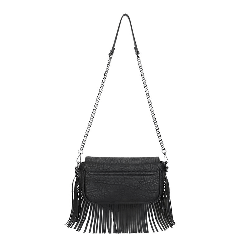 Metal Skull Fringed Shoulder Bag for Women / Gothic Black Bag With Chain Decor - HARD'N'HEAVY