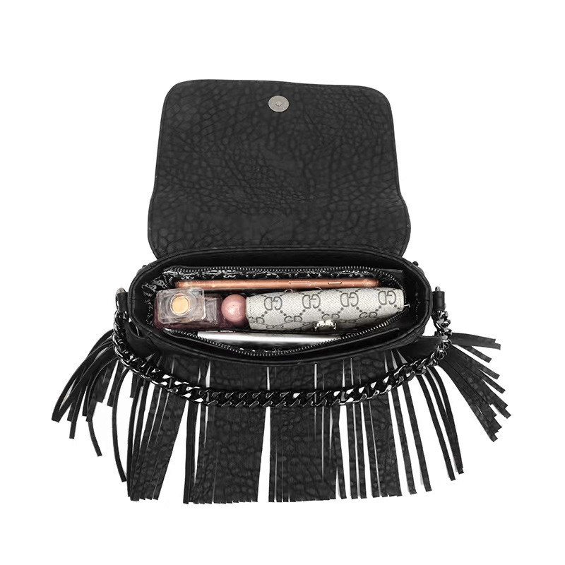 Metal Skull Fringed Shoulder Bag for Women / Gothic Black Bag With Chain Decor - HARD'N'HEAVY