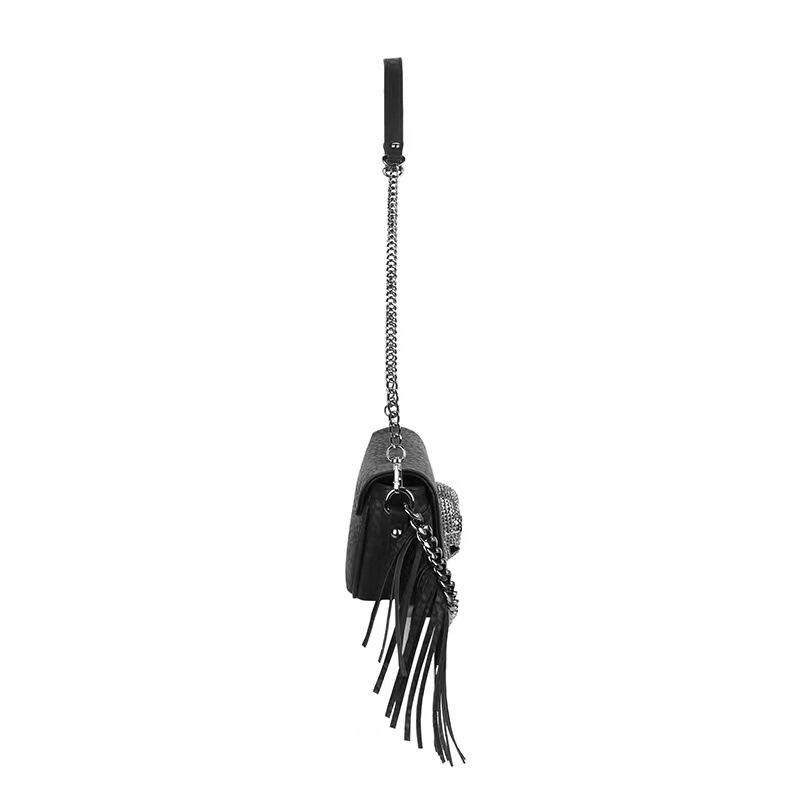 Metal Skull Fringed Shoulder Bag for Women / Gothic Black Bag With Chain Decor - HARD'N'HEAVY