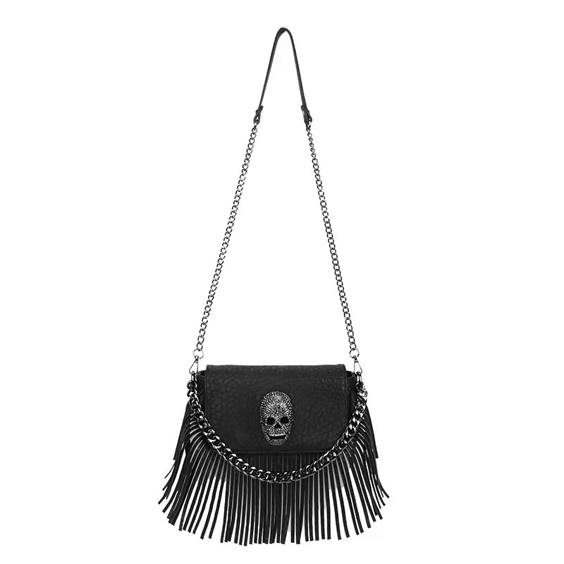 Metal Skull Fringed Shoulder Bag for Women / Gothic Black Bag With Chain Decor - HARD'N'HEAVY