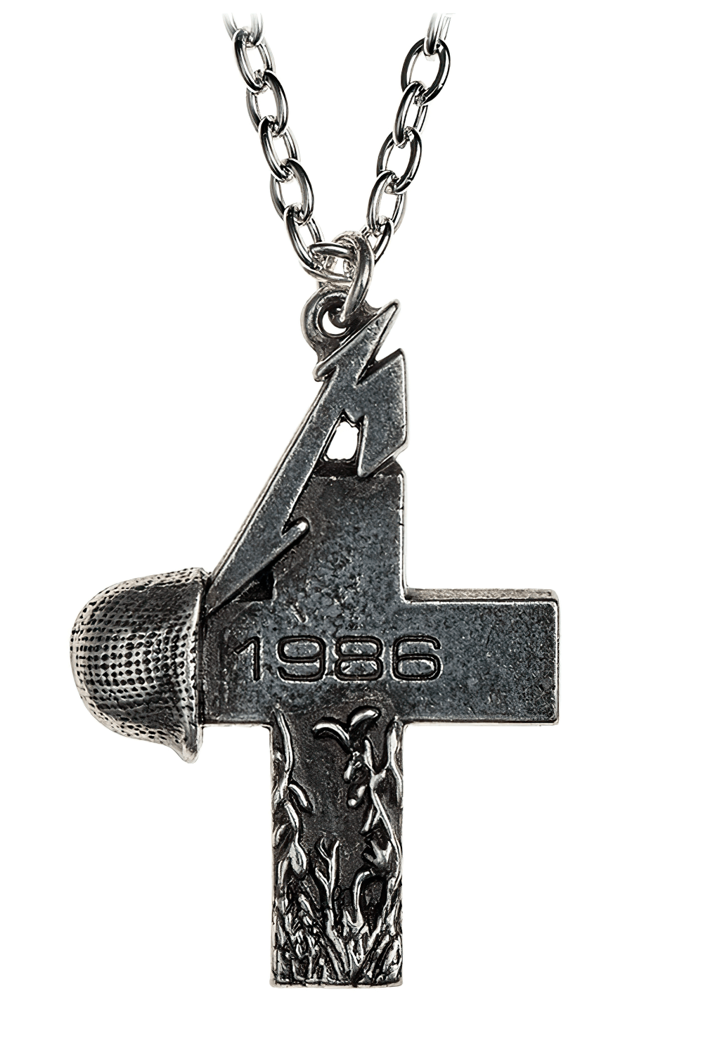 Metallica 1986 cross pendant featuring helmet detail and iconic 'M', made from antiqued English pewter.