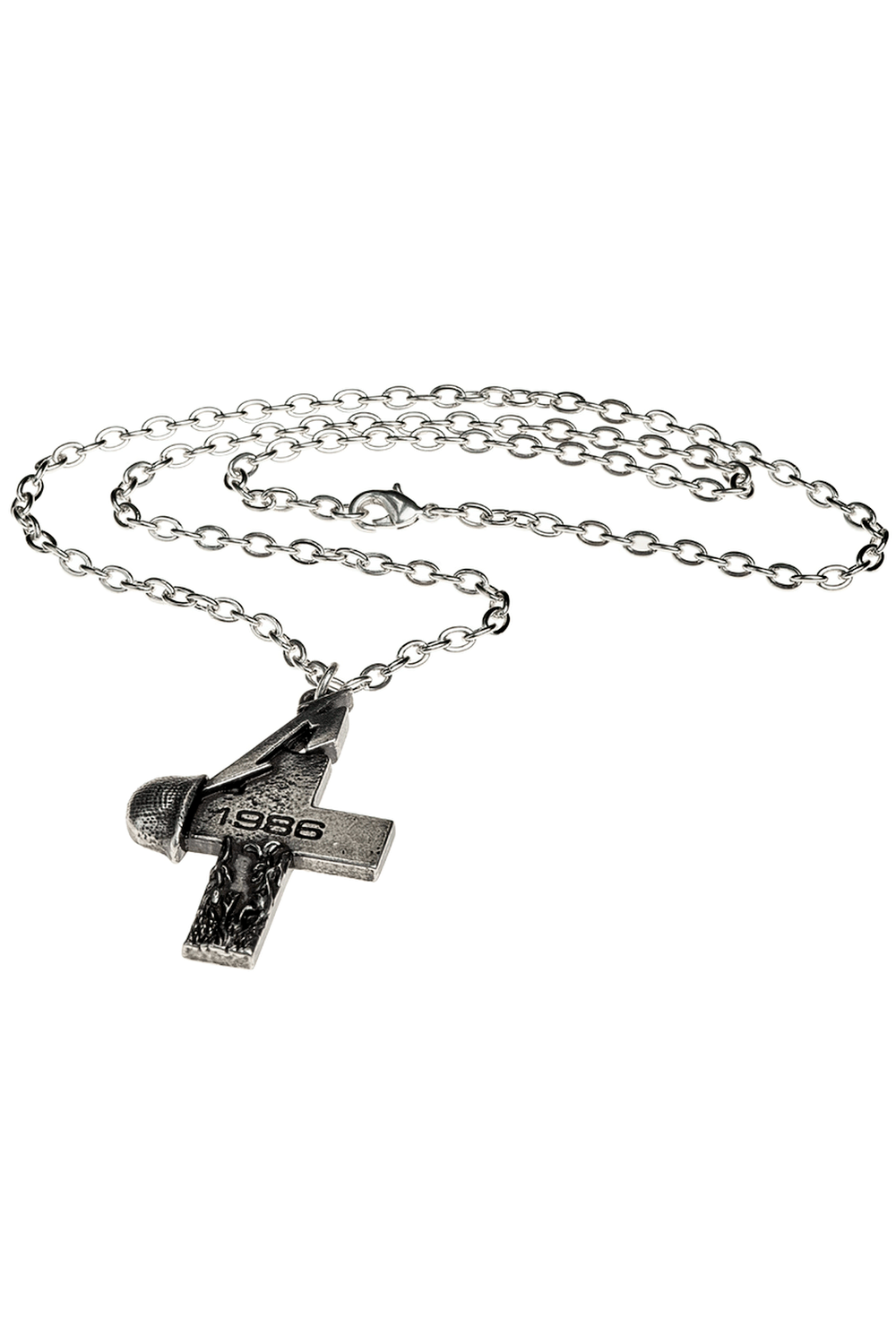 Metallica 1986 cross pendant with GI helmet detail on chain, inspired by Master of Puppets album.