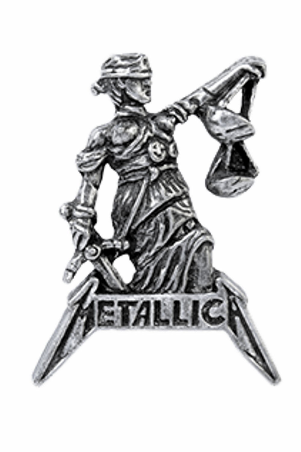 Metallica Justice for All 3D sculpted pewter pin badge with detailed design and clutch pins for secure wear.