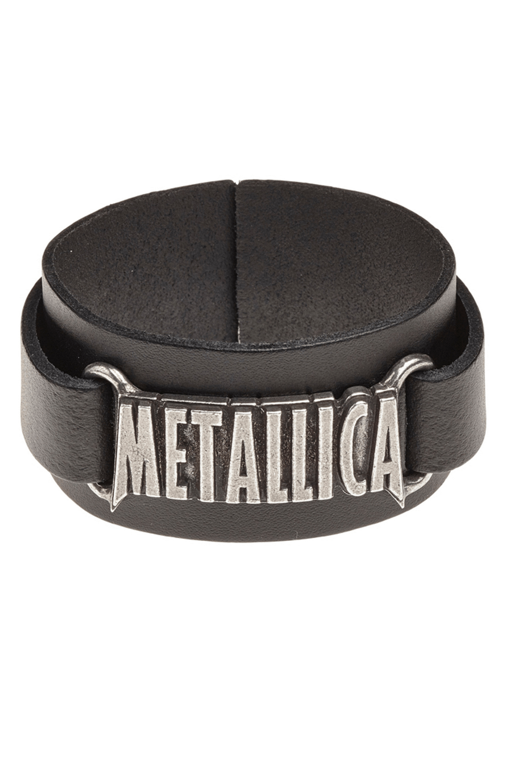 Metallica logo black leather wrist strap bracelet, stylish accessory for rock music fans.