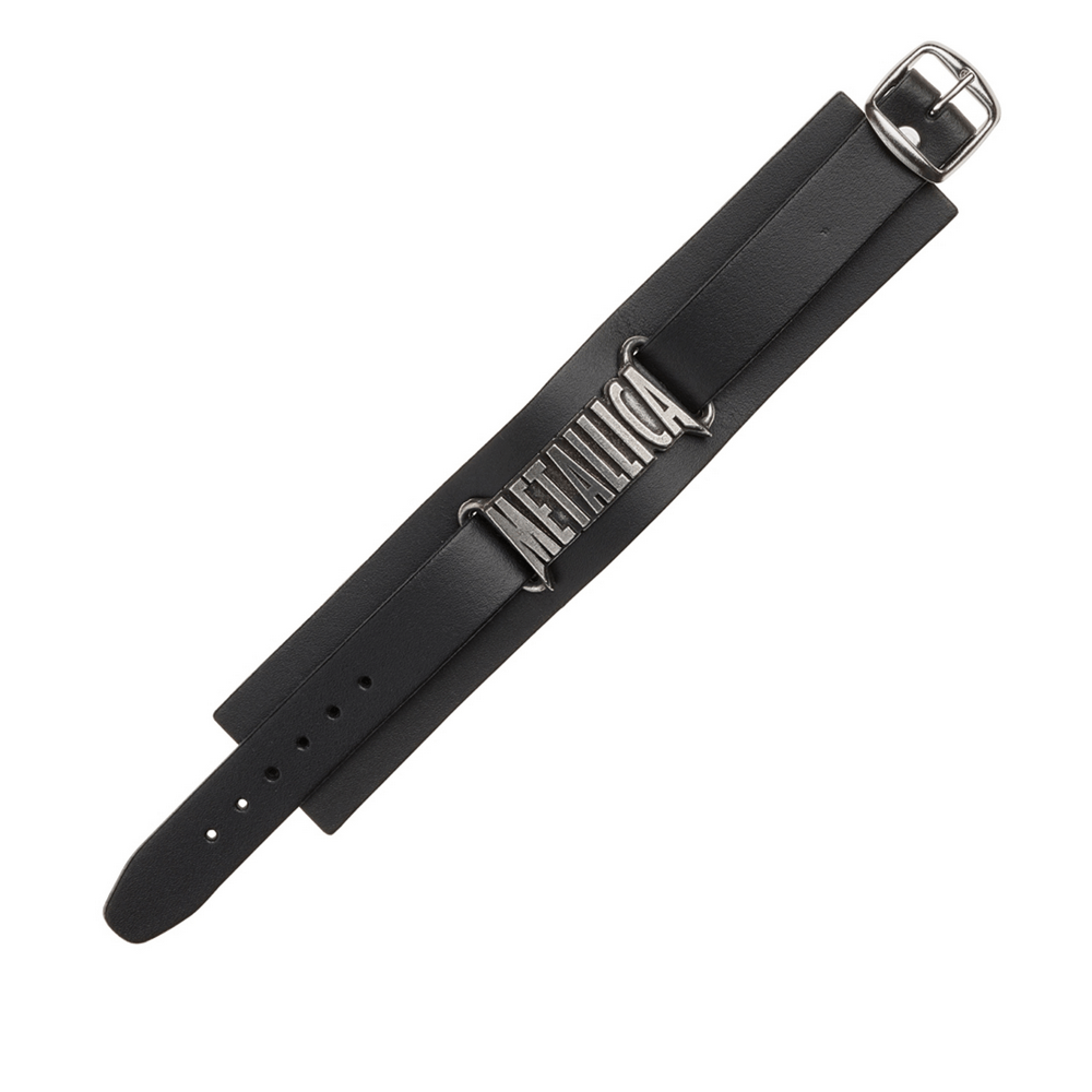 Black leather wrist strap bracelet featuring the iconic Metallica logo.