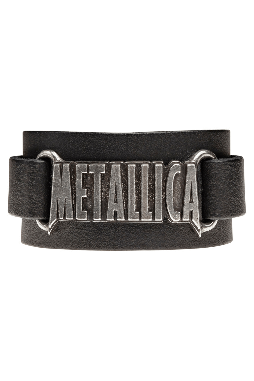 Stylish black leather wrist strap bracelet featuring the iconic Metallica logo for rock fans.