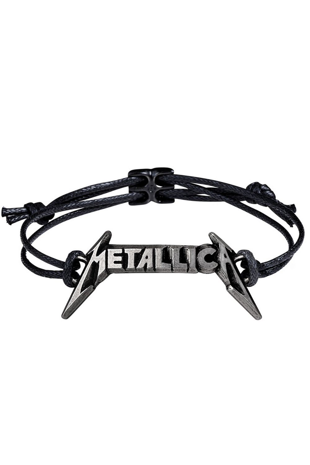 Black waxed cord bracelet featuring the classic Metallica logo in pewter, adjustable size up to 10 inches.