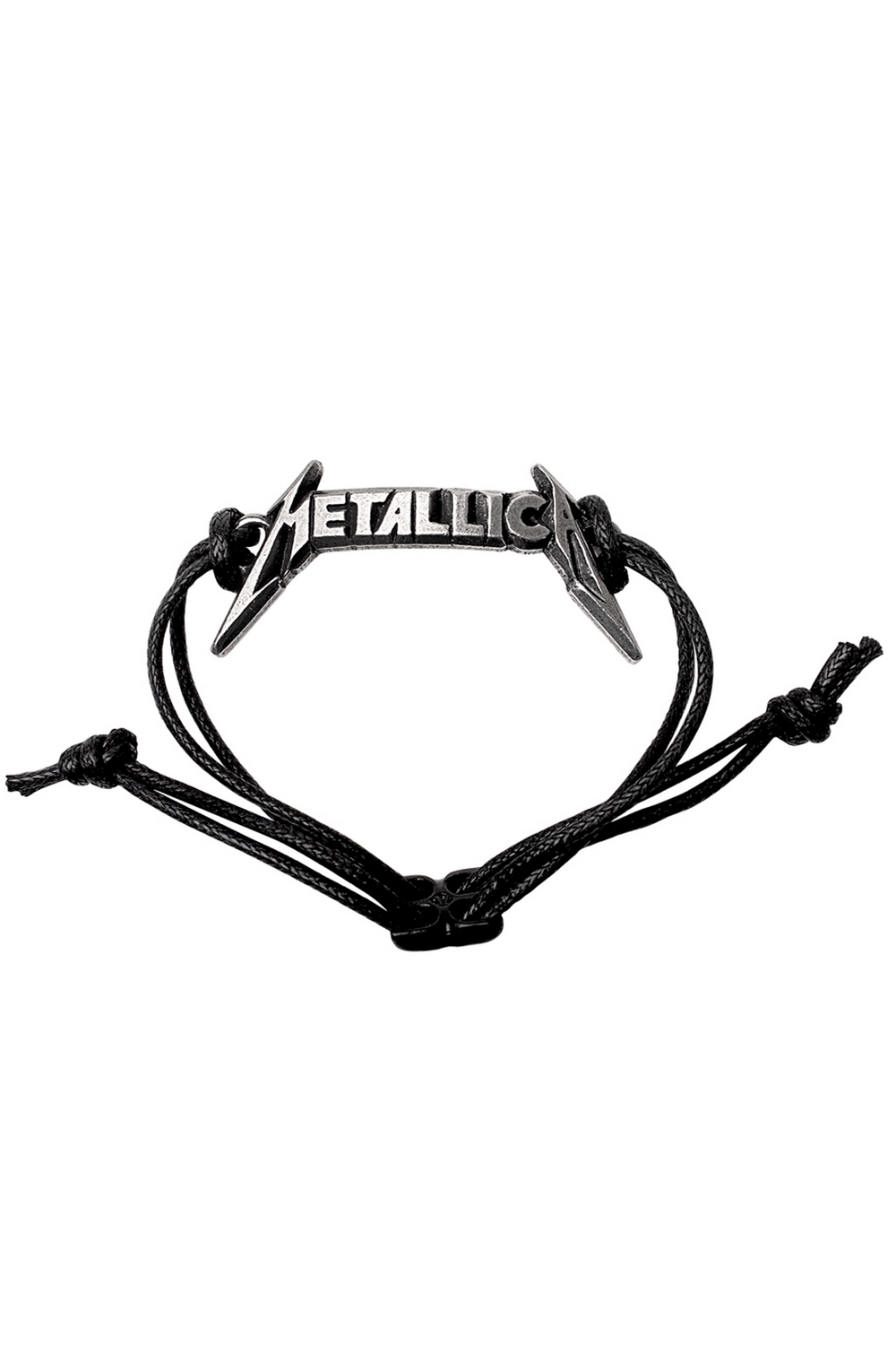 Metallica logo bracelet on adjustable black waxed cord with pewter pendant, perfect for fans of the band.