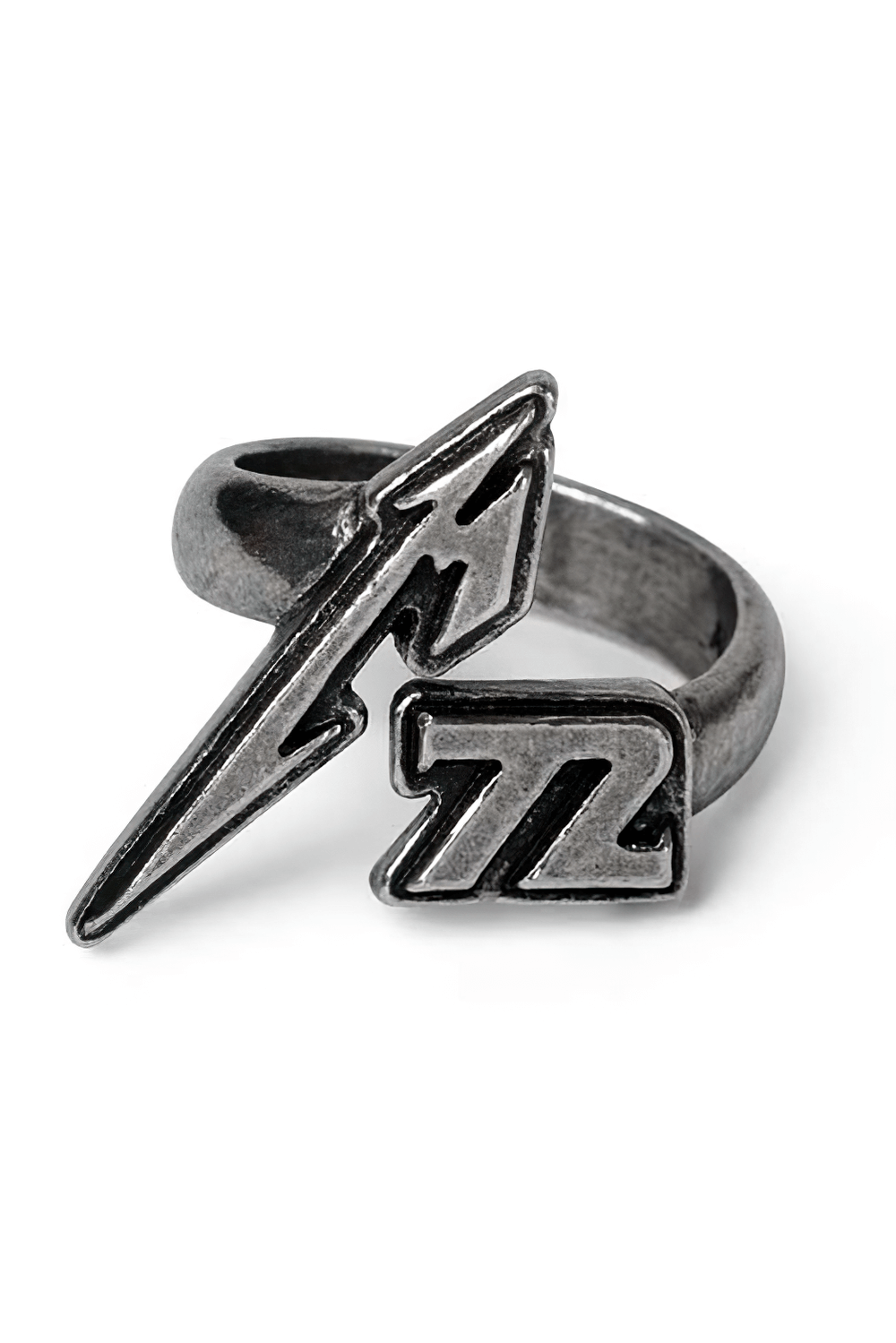 Metallica M72 World Tour pewter ring featuring iconic lightning bolt and 'M72' logo, perfect for any rock fan.