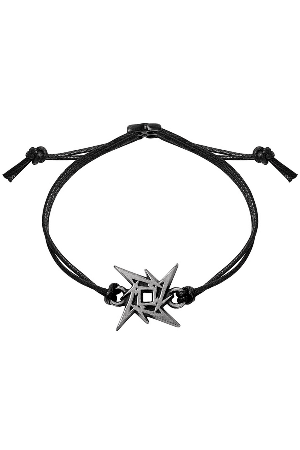 Metallica Ninja Star pewter adjustable cord bracelet with a sculpted star design on a black waxed cord.
