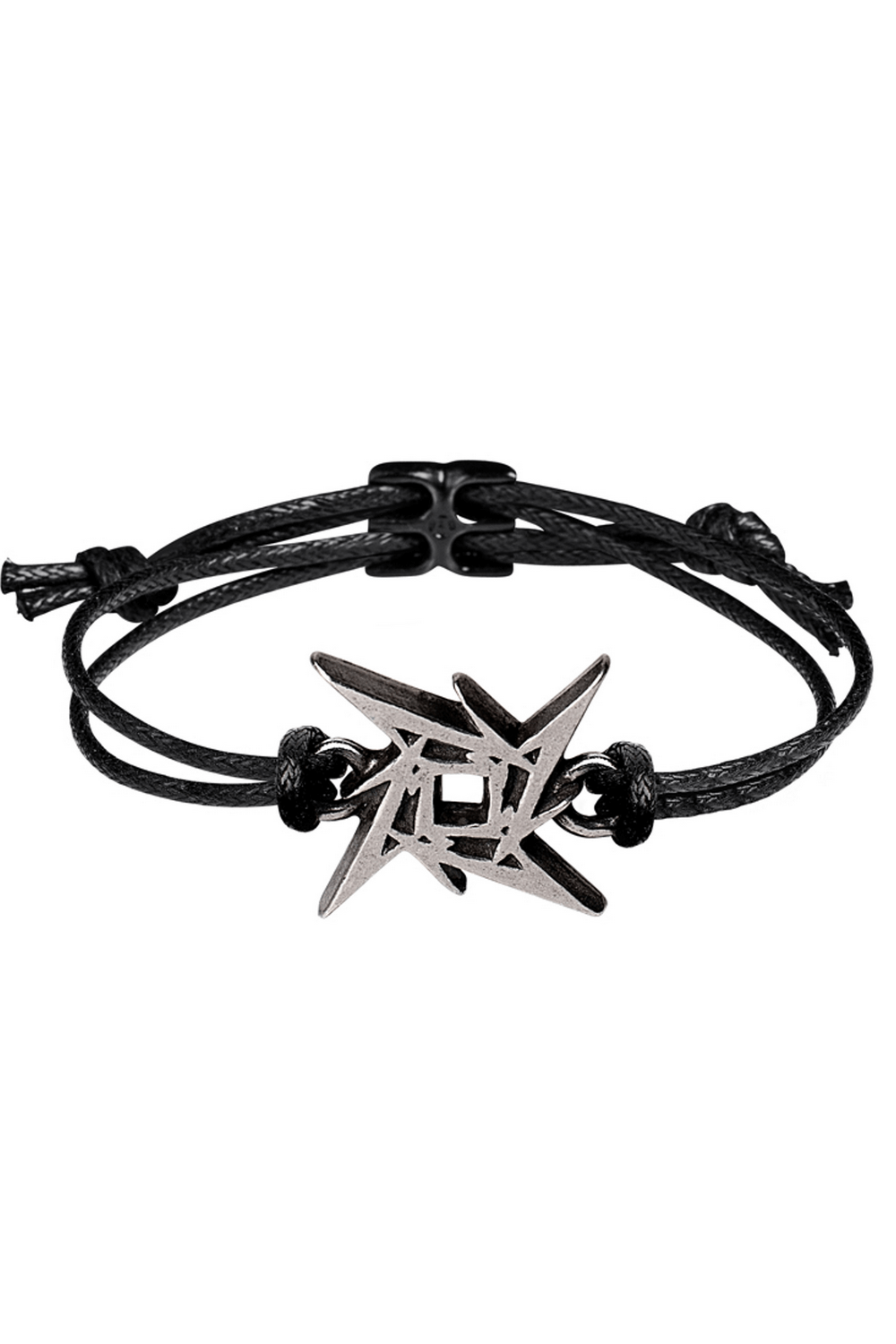 Metallica Ninja Star pewter bracelet on adjustable black cord, featuring iconic 3D design inspired by the band's logo.